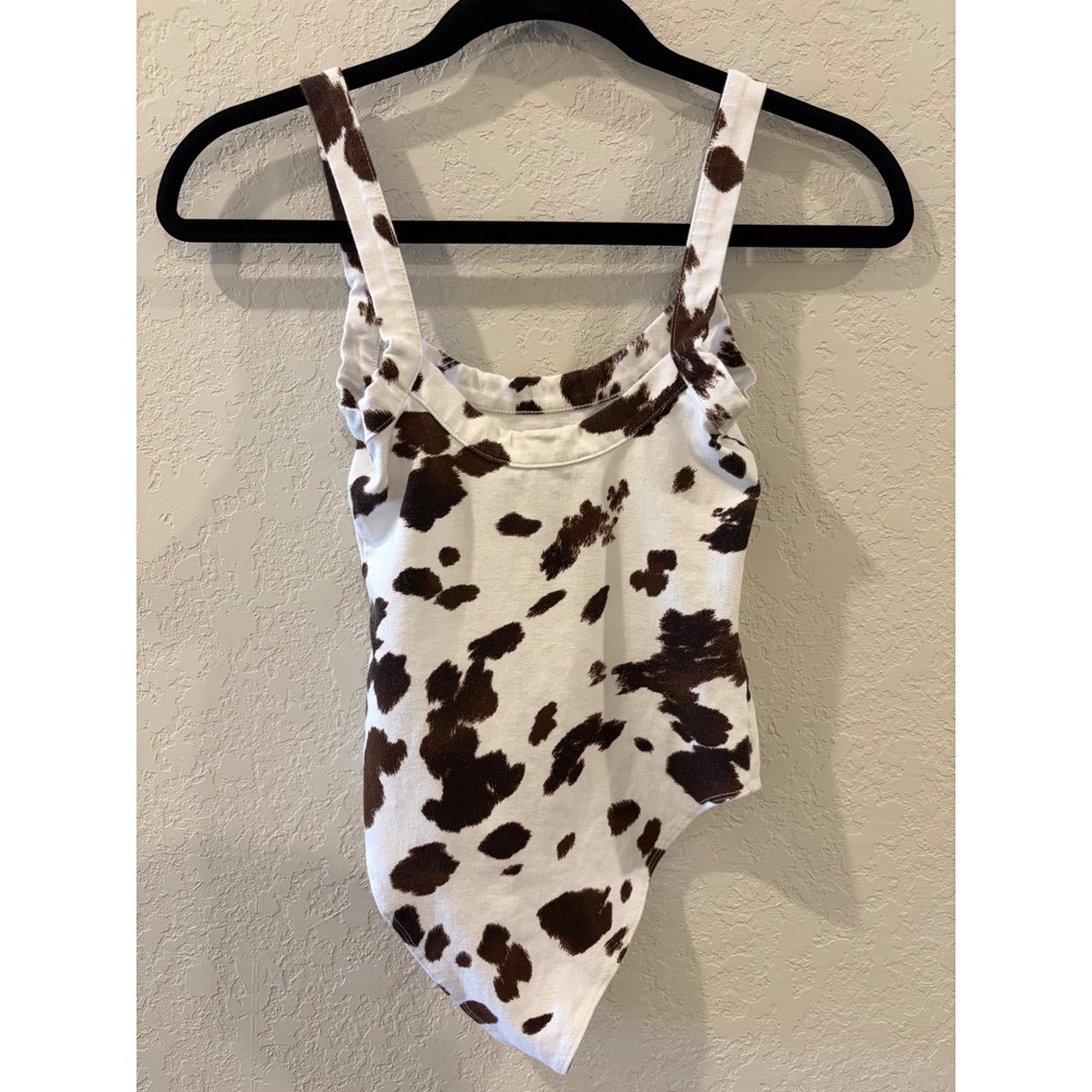 Forever 21 Brown White Cow Print Bodysuit Sleeveless Scoop Neck Small - Picture 2 of 5